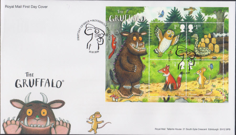 2019 Royal Mail FDC - Gruffalo Mini Sheet- F D I Mousehole, Penzance Postmark - Click Image to Close