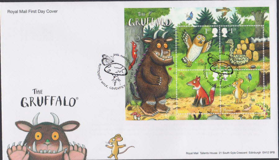 2019 Royal Mail FDC - Gruffalo Mini Sheet- Butterfly Walk, Coventry Postmark