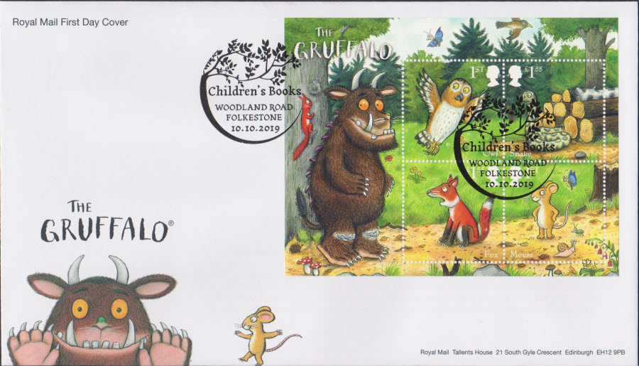 2019 Royal Mail FDC - Gruffalo Mini Sheet-Woodland Rd, Folkestone l Postmark