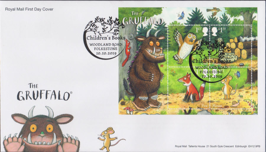 2019 Royal Mail FDC - Gruffalo Mini Sheet-Woodland Rd, Folkestone l Postmark - Click Image to Close