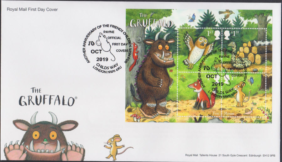 2019 Royal Mail FDC - Gruffalo Mini Sheet-Chids Way, London NW11 Postmark