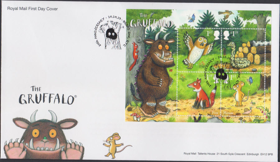 2019 Royal Mail FDC - Gruffalo Mini Sheet- Broad Oak , Rye Postmark - Click Image to Close