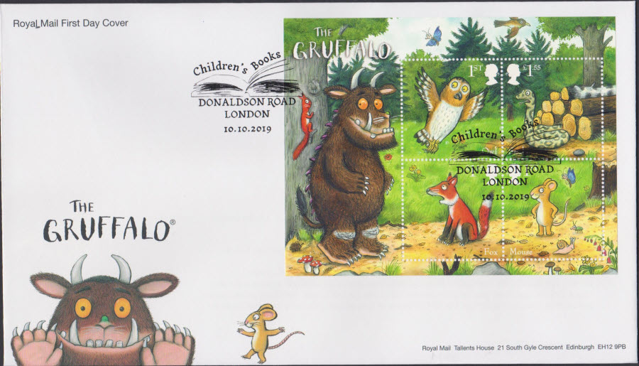 2019 Royal Mail FDC - Gruffalo Mini Sheet-Childrens Books Donaldson Road, London Postmark - Click Image to Close