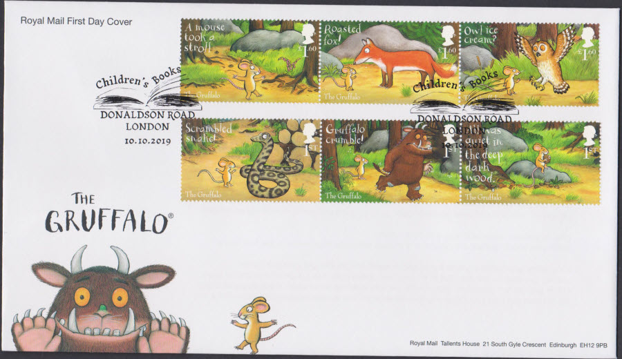 2019 FDC -Royal Mail Gruffalo Set FDC Children's Books Donaldson Road, London Postmark