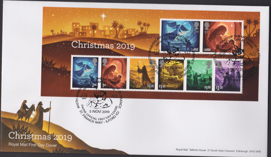2019 FDC -Christmas Mini Sheet Set FDC St Frances Way, Ilford Postmark