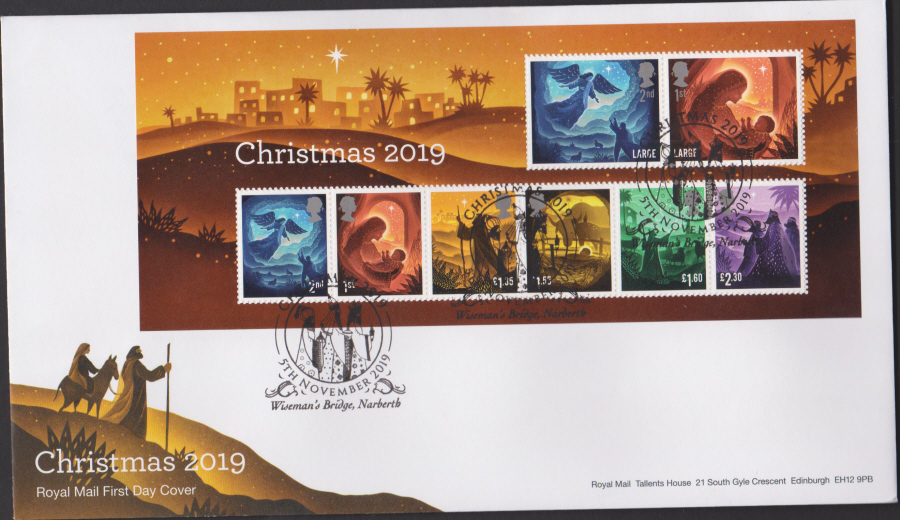 2019 FDC -Christmas Mini Sheet Set FDC Wiseman's Bridge, Narbeth Postmark