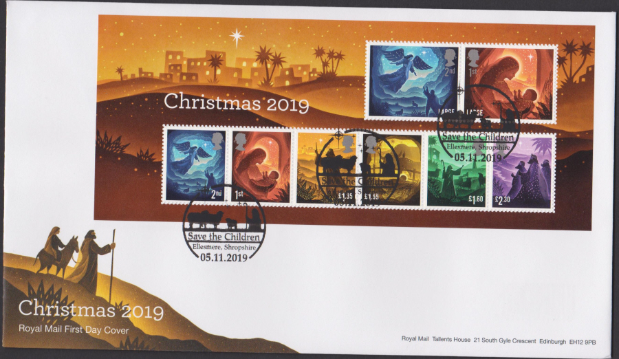 2019 FDC -Christmas Mini Sheet Set FDC Save the Children Ellesmere Postmark - Click Image to Close