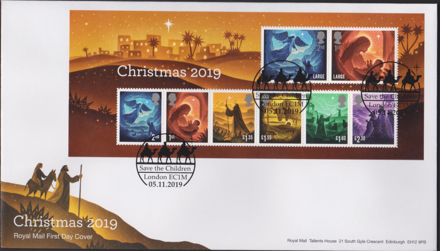 2019 FDC -Christmas Mini Sheet Set FDC Save the Children London EC1M Postmark