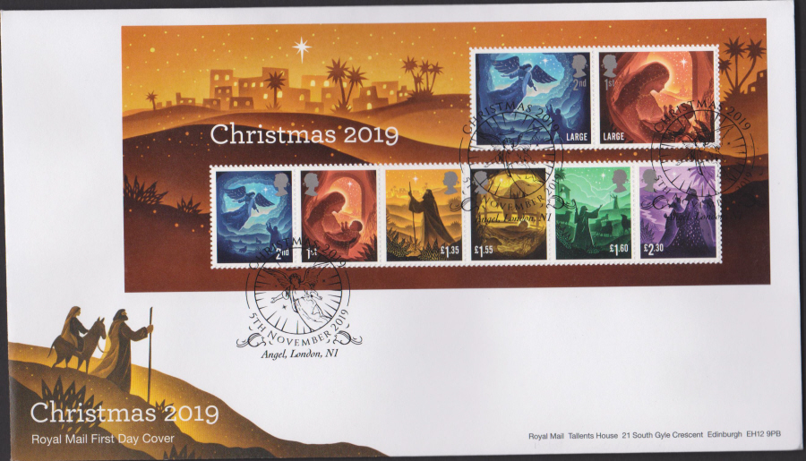 2019 FDC -Christmas Mini Sheet Set FDC Angel,London N1 Postmark - Click Image to Close
