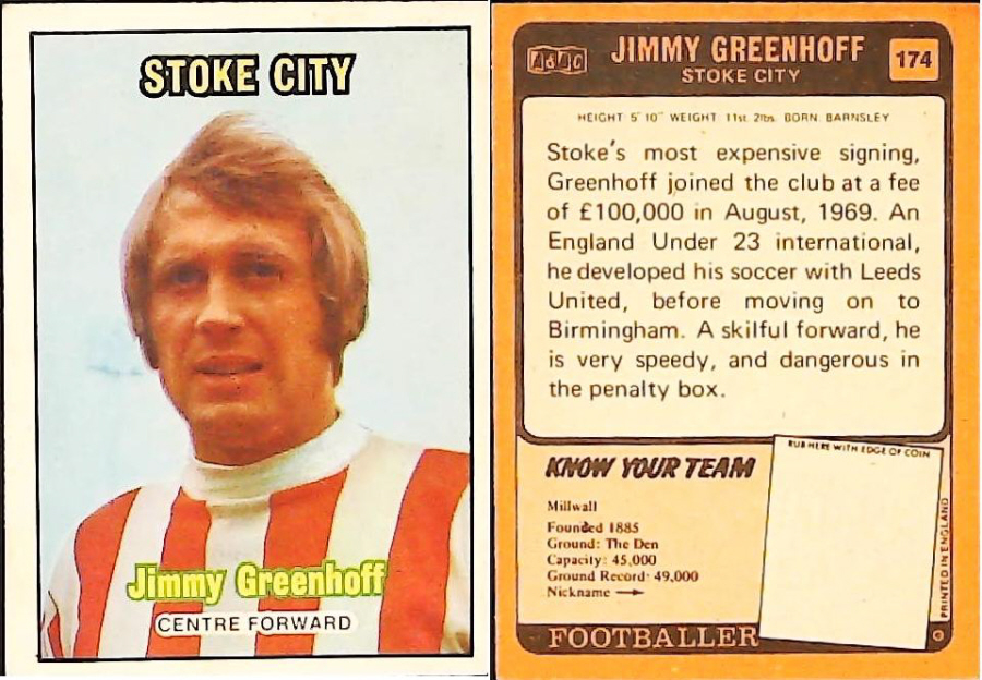 A & B C 1970 Footballers set 3 Orange Back No 174 Jimmy Grenoff Stoke City