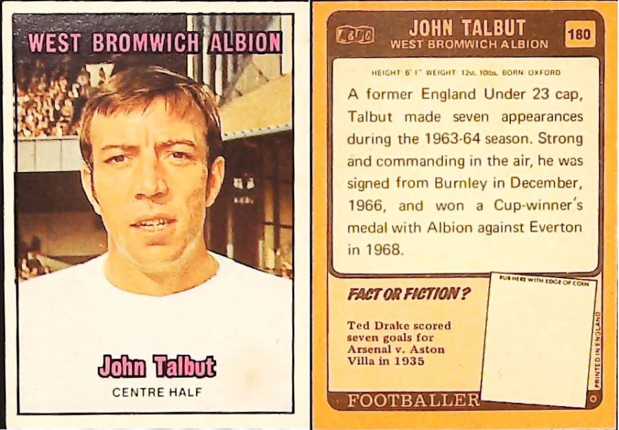 A & B C 1970 Footballers set 3 Orange Back No 180 John Talbor West Bromeich Albion