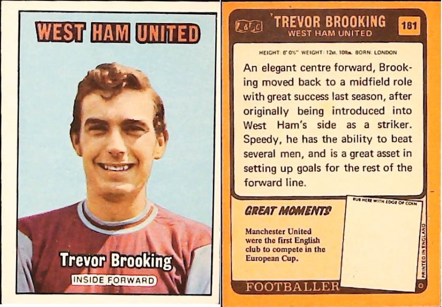 A & B C 1970 Footballers set 3 Orange Back No 181 Trevor Brooking West Ham United