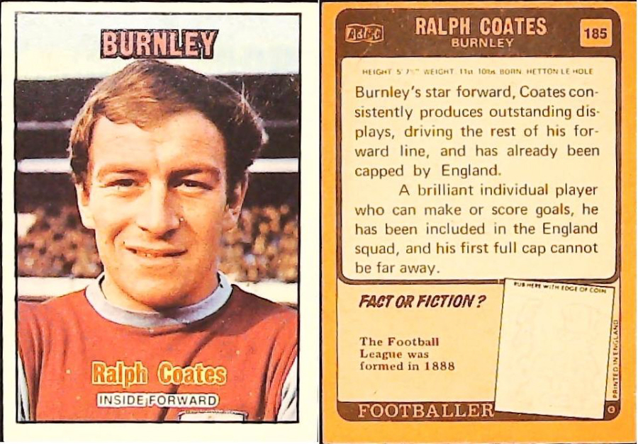 A & B C 1970 Footballers set 3 Orange Back No 185 Ralph Coates Burnley