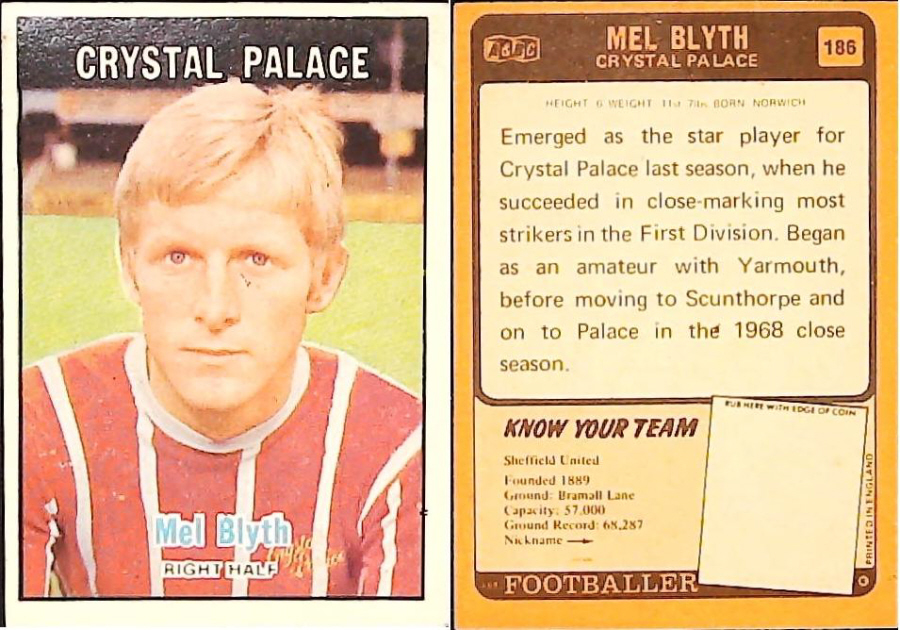 A & B C 1970 Footballers set 3 Orange Back No 186 Mel Blyth Crystal Palace