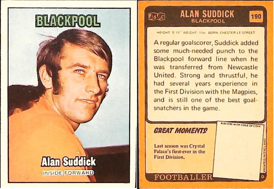 A & B C 1970 Footballers set 3 Orange Back No 190 Alan Suddick Blackpool
