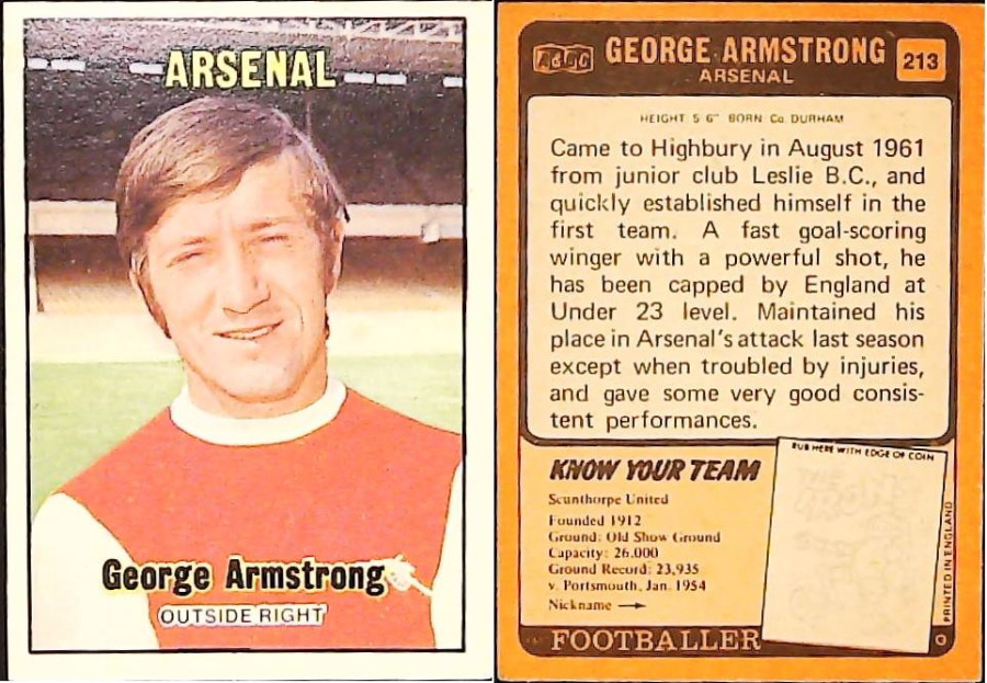 A & B C 1970 Footballers set 3 Orange Back No 213 George Armstrong Arsenal