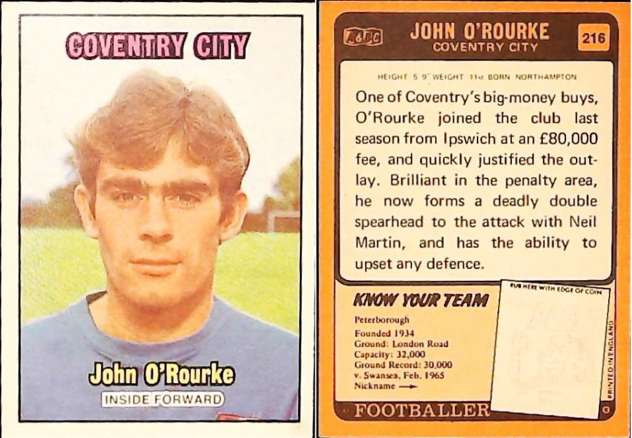 A & B C 1970 Footballers set 3 Orange Back No 216 John O'Rourke Coventry City