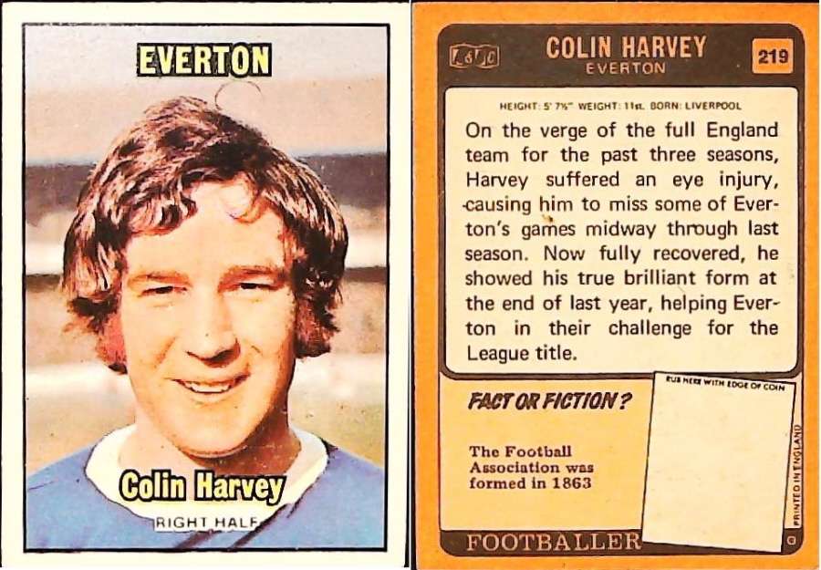 A & B C 1970 Footballers set 3 Orange Back No 219 Colin Harvey Everton