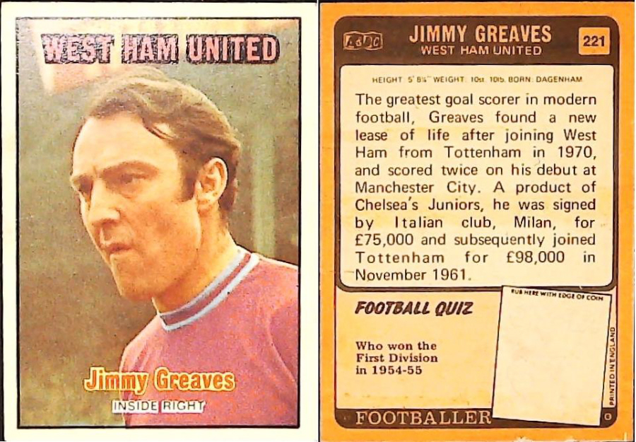 A & B C 1970 Footballers set 3 Orange Back No 221 Jimmy Greaves West Ham United