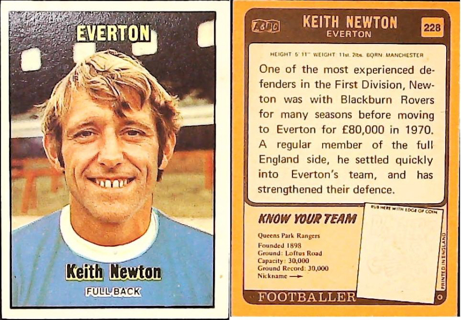 A & B C 1970 Footballers set 3 Orange Back No 228 Keith Newton Everton