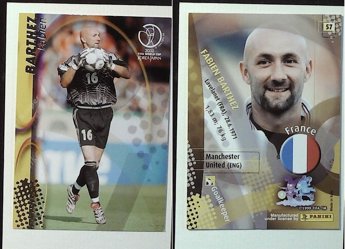 PANINI 2002 WORLD CUP FOOTBALL CARDS FRANCE No57 FABIEN BARTHEZ PANINI 2002 WORLD CUP FOOTBALL CARDS FRANCE No57 FABIEN BARTHEZ
