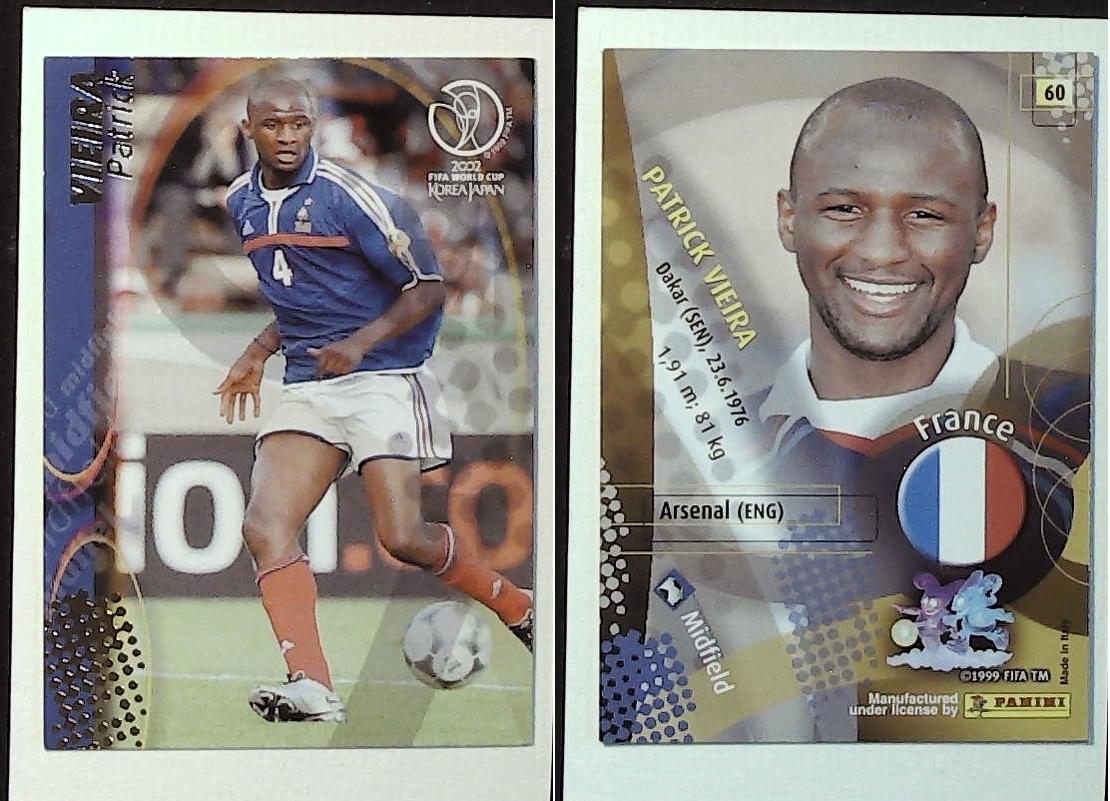 PANINI 2002 WORLD CUP FOOTBALL CARDS FRANCE No60 PATRICK VIEIRA PANINI 2002 WORLD CUP FOOTBALL CARDS FRANCE No60 PATRICK VIEIRA