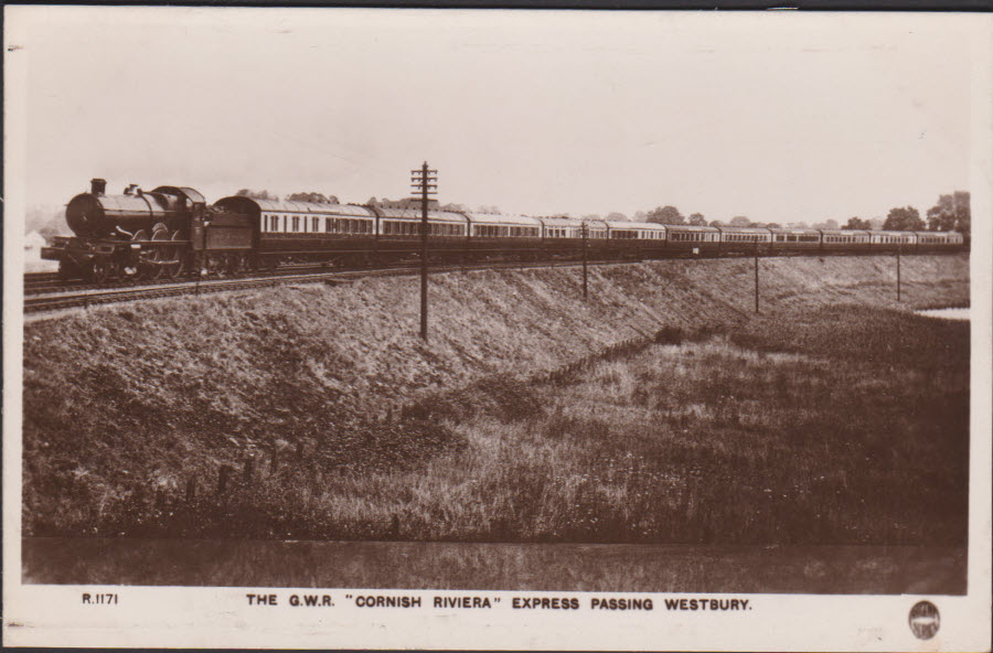 Postcard G.W.R. ''Cornish Riviera'' Express passsing Westbury