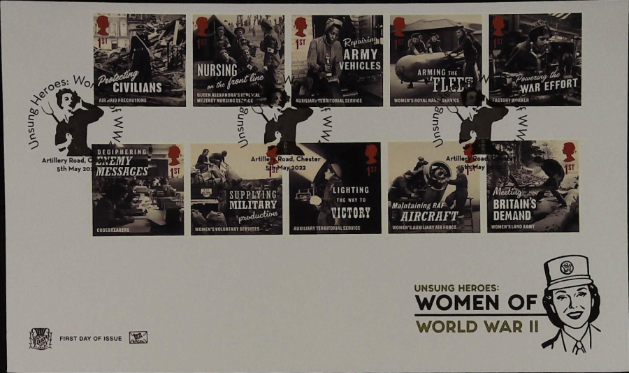 2022 Unsung Heroes Women of World War 11 SET STUART FDC - ARTILLERY ROAD, CHESTER Postmark