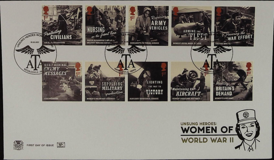 2022 Unsung Heroes Women of World War 11 SET STUART FDC -Unsung HeroesWATERLOOVILLE, HANTS Postmark