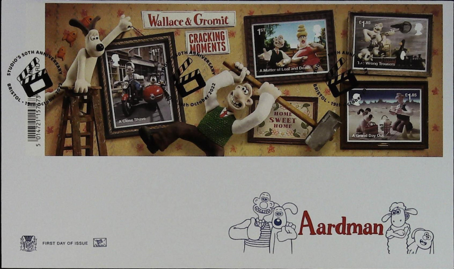 2022 Aardman MINI SHEET STUART FDC -Bristol Studio Animation Postmark
