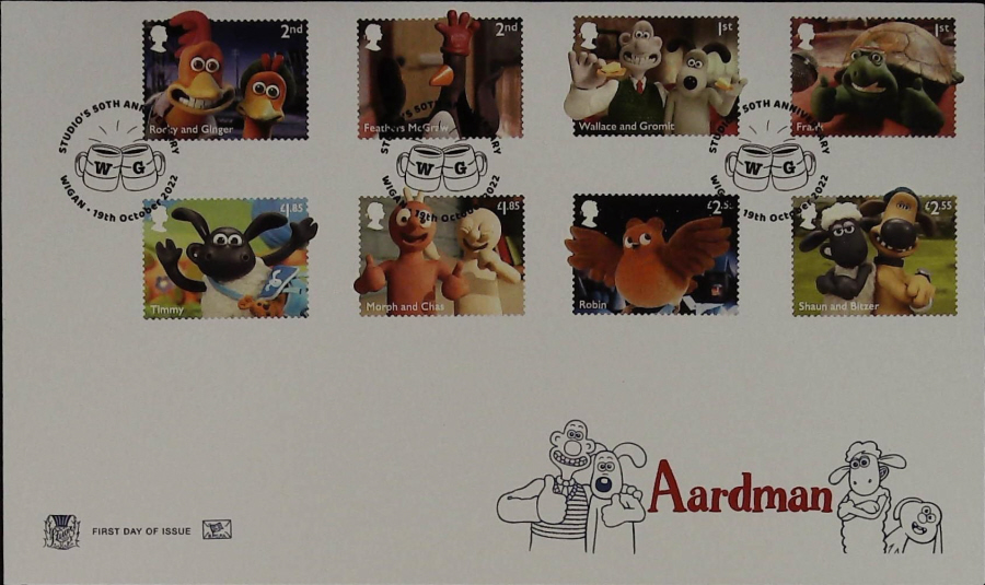 2022 Aardman Set SET STUART FDC -Studio's 50th Anniv Wigan Postmark