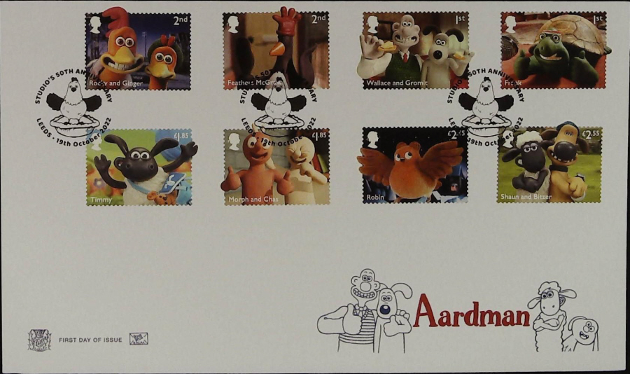 2022 Aardman Set SET STUART FDC -Leeds Studios 50th Anniversary Postmark