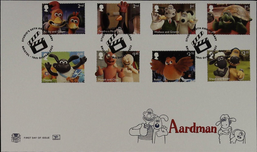 2022 Aardman Set SET STUART FDC -Bristol Studios 50th Anniversary Postmark