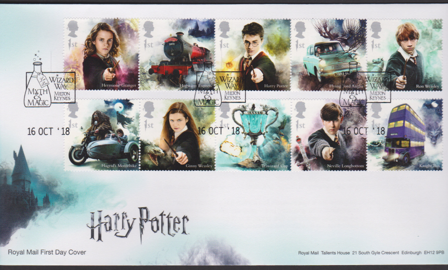 2018 FDC - Harry Pottter Set.-Wizard Way Milton Keynes Postmark