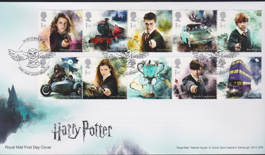 2018 FDC - Harry Pottter Set.- Owl Way, Huntingdon Postmark