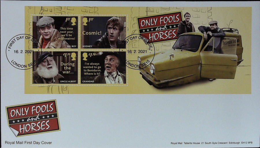 2021 Only Fools & Horses Mini Sheet FDC Royal Mail - F D I London SE 15 non pictorial Postmark