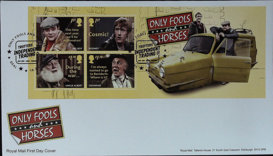 2021 Only Fools & Horses Mini Sheet FDC Royal Mail - Trotters Independent Trading. Deal Postmark - Click Image to Close