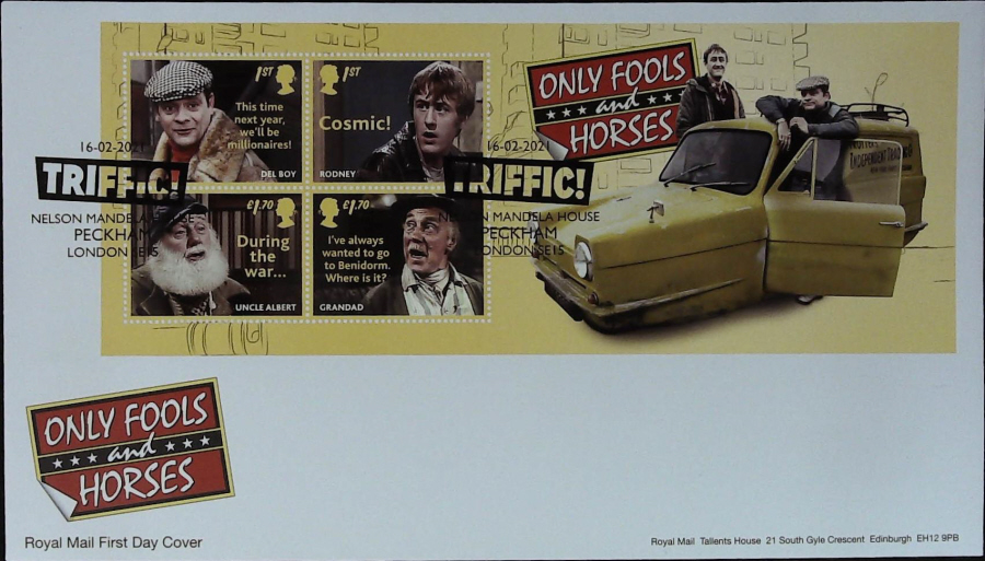 2021 Only Fools & Horses Mini Sheet FDC Royal Mail - TRIFFIC Nelson Mandella House Peckham London E16 Postmark