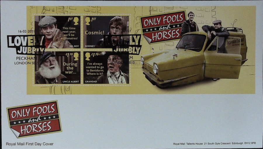 2021 Only Fools & Horses Mini Sheet FDC Royal Mail - LOVELY JUBBLY Peckham SE15 Postmark - Click Image to Close