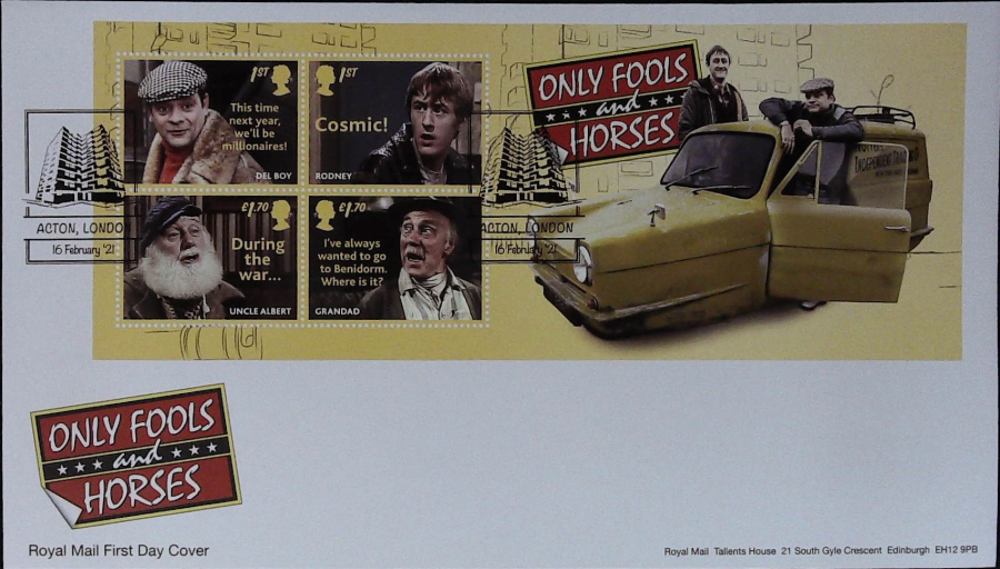 2021 Only Fools & Horses Mini Sheet FDC Royal Mail - Acton,London Postmark - Click Image to Close