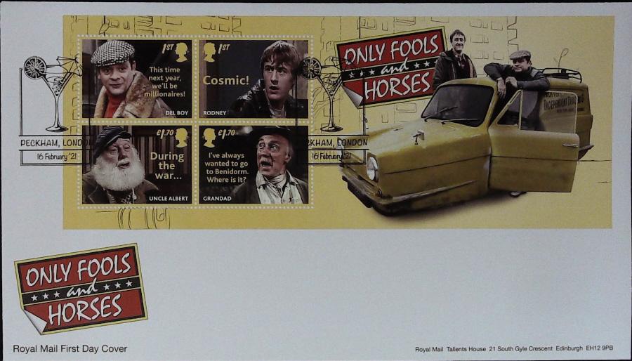 2021 Only Fools & Horses Mini Sheet FDC Royal Mail - ( Cocktail Glass ) Peckham SE15 Postmark