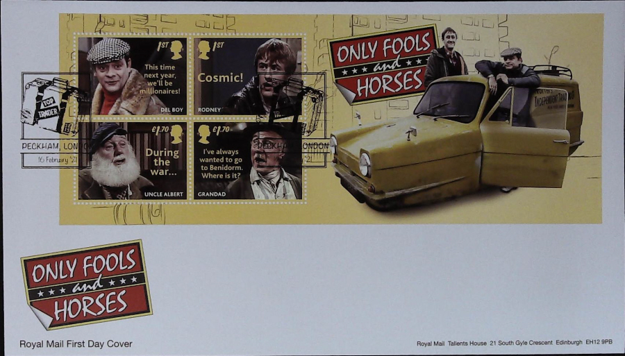 2021 Only Fools & Horses Mini Sheet FDC Royal Mail - ( Suitcase ) Peckham Postmark