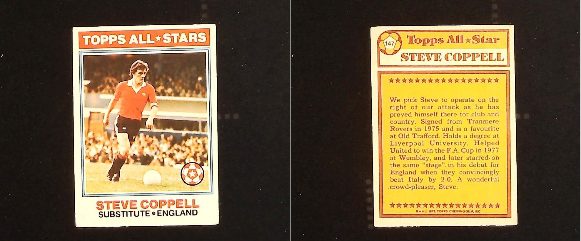 Topps Chewing Gum Orange Back Football Cards - 1978 No 147 Steve Coppell, Topps All*Stars England