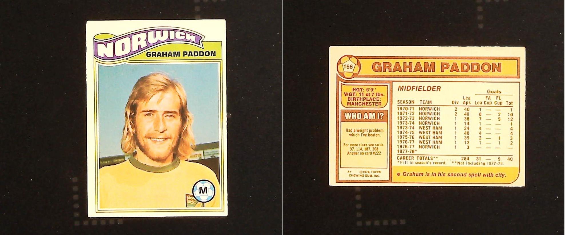 Topps Chewing Gum Orange Back Football Cards - 1978 No 166 Graham Paddon Norwich City