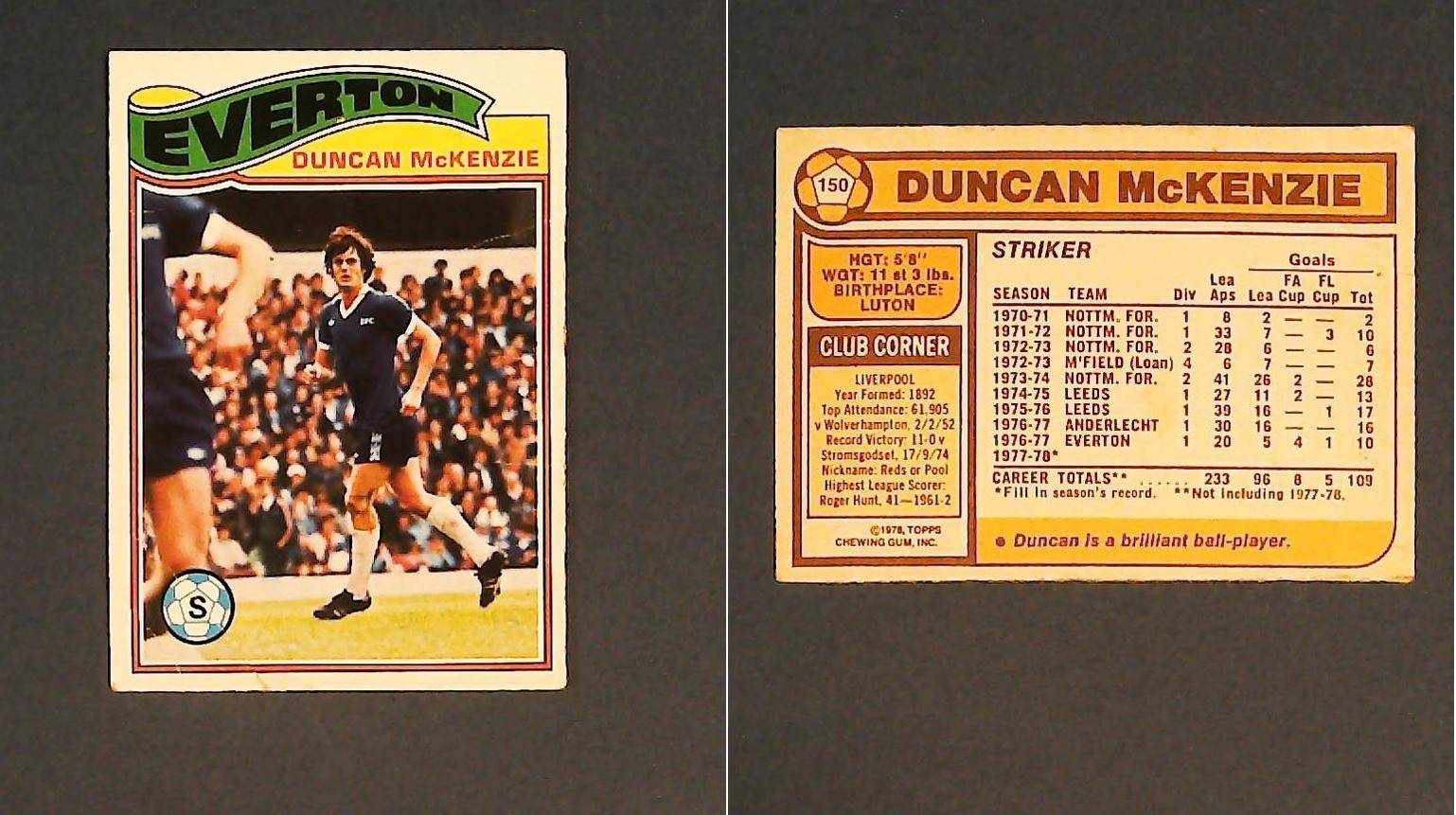 Topps Chewing Gum Orange Back Football Cards - 1978 No 150 Duncan McKenzie Everton