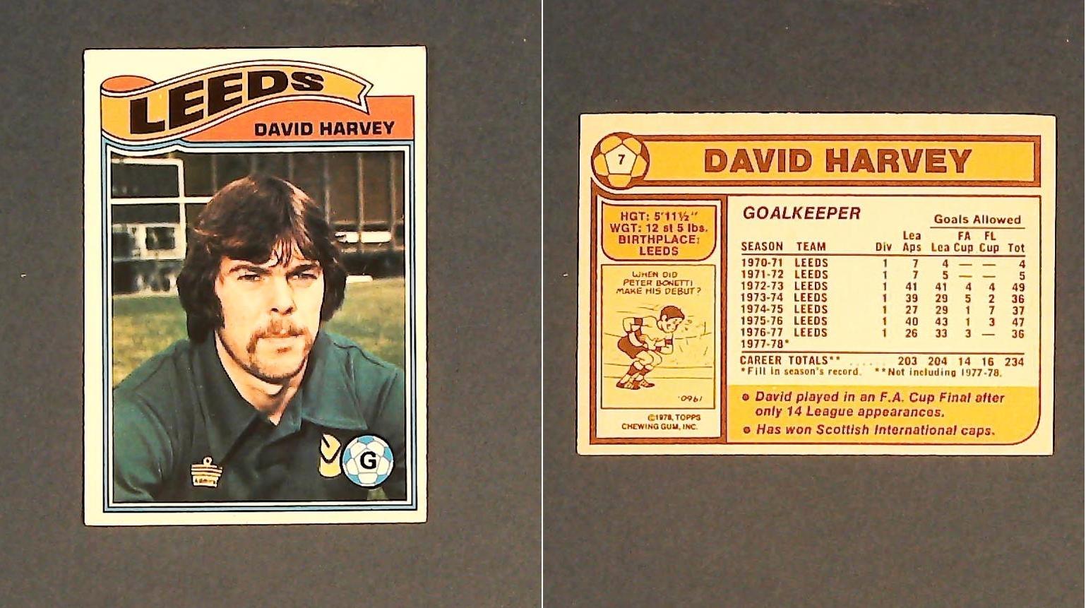 Topps Chewing Gum Orange Back Football Cards - 1978 No 7 David Harvey Leeds United