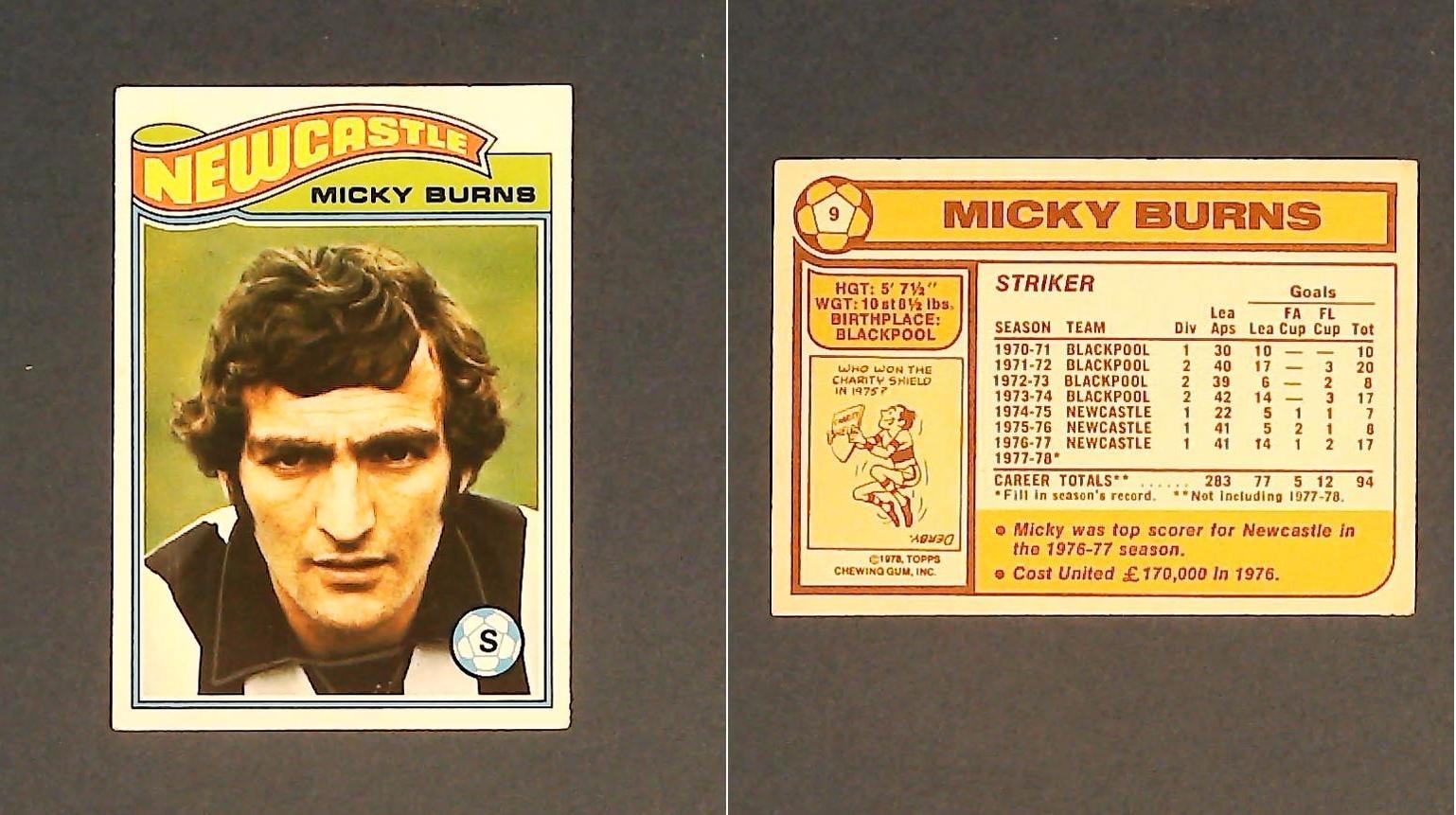 Topps Chewing Gum Orange Back Football Cards - 1978 No,9 Michael (Micky) Burns Newcastle United