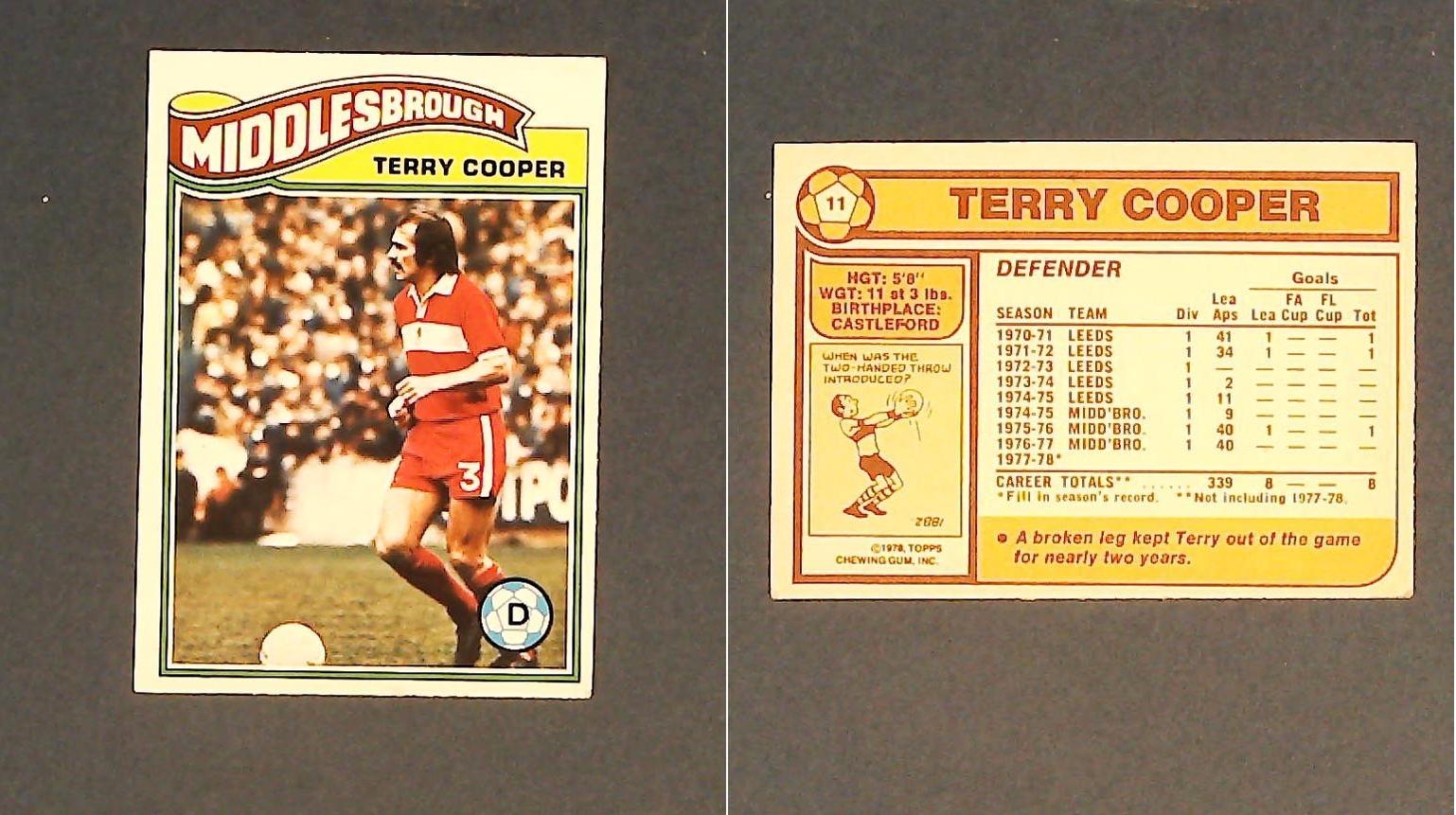 Topps Chewing Gum Orange Back Football Cards - 1978 No,11 Terry Cooper Middlesborough