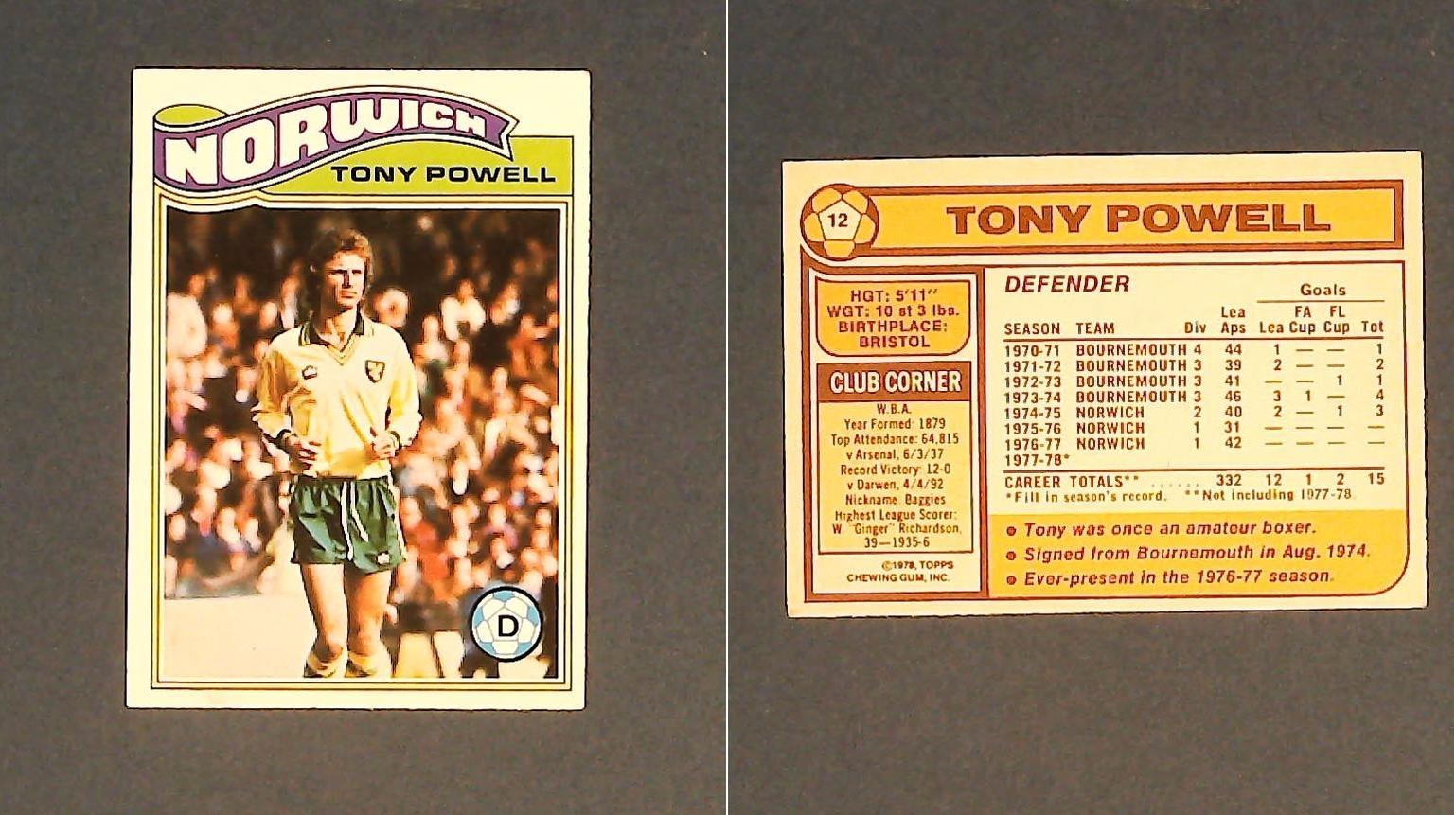 Topps Chewing Gum Orange Back Football Cards - 1978 No,12 Tony Powell Norwich City