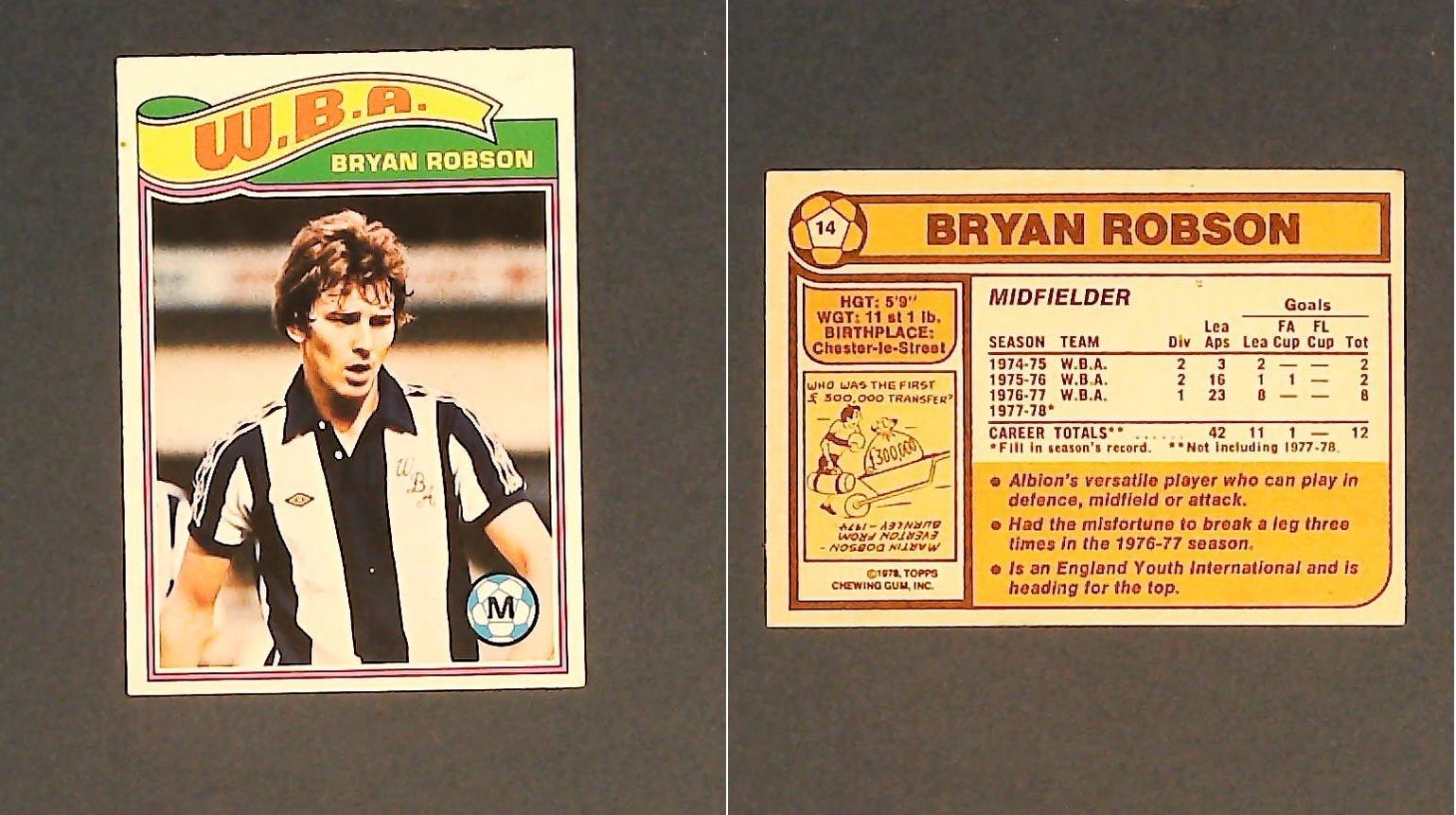 Topps Chewing Gum Orange Back Football Cards - 1978 No,14 Bryan Robson West Bromwich Albion